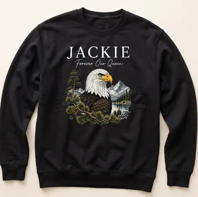 Illustration of a Bald Eagle with 'Jackie Forever Our Queen' text in vibrant colors — printed on a unisex sweatshirt