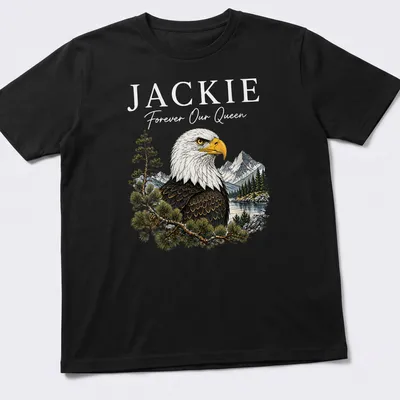 Illustration of a Bald Eagle with 'Jackie Forever Our Queen' text in vibrant colors