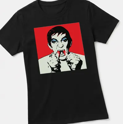 Pop art shirt featuring the text Barnabas Warhol in vibrant colors — printed on a women's shirt