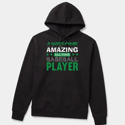 Bold typography featuring 'Awesome All Time Baseball Player' with a player illustration — printed on a unisex hoodie