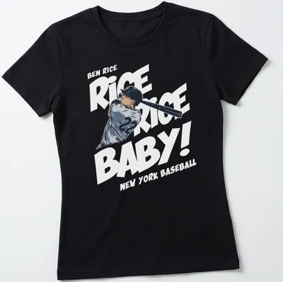 Illustrative print of a baseball player swinging a bat in black and white — printed on a women's shirt