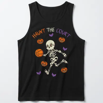 Playful skeleton dribbling a basketball with Halloween vibes — printed on a tank top