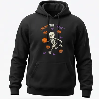 Playful skeleton dribbling a basketball with Halloween vibes — printed on a unisex hoodie