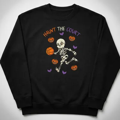 Playful skeleton dribbling a basketball with Halloween vibes — printed on a unisex sweatshirt