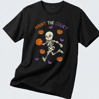 Playful skeleton dribbling a basketball with Halloween vibes