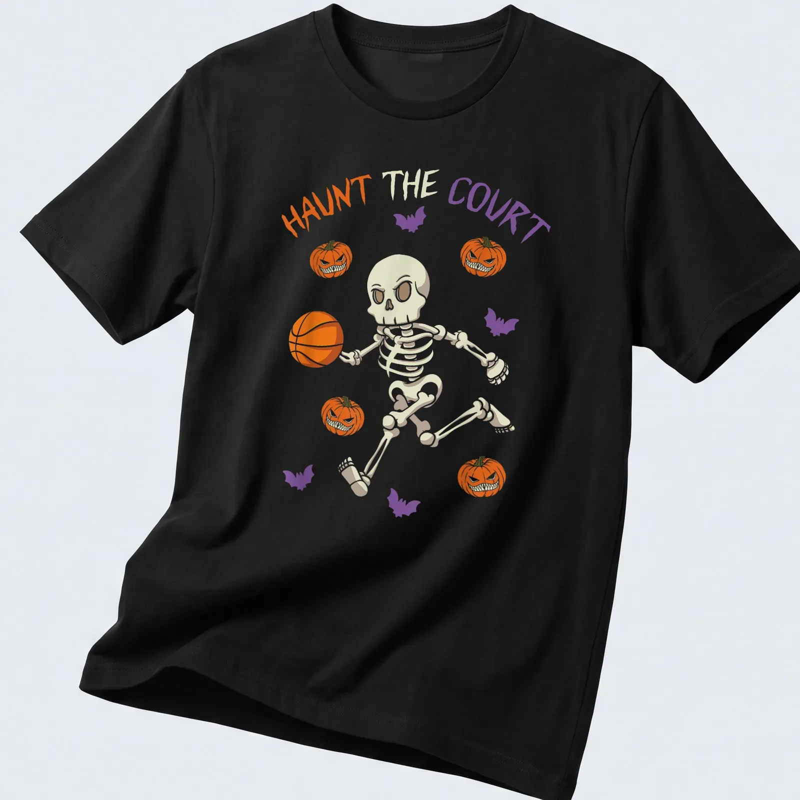 Playful skeleton dribbling a basketball with Halloween vibes — printed on a unisex t-shirt