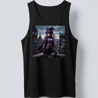 Illustration of a bat person in a steampunk costume featuring purple, black, silver, and pink colors — printed on a tank top