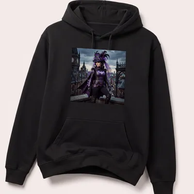Illustration of a bat person in a steampunk costume featuring purple, black, silver, and pink colors — printed on a unisex hoodie