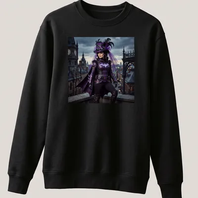 Illustration of a bat person in a steampunk costume featuring purple, black, silver, and pink colors — printed on a unisex sweatshirt