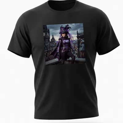 Illustration of a bat person in a steampunk costume featuring purple, black, silver, and pink colors