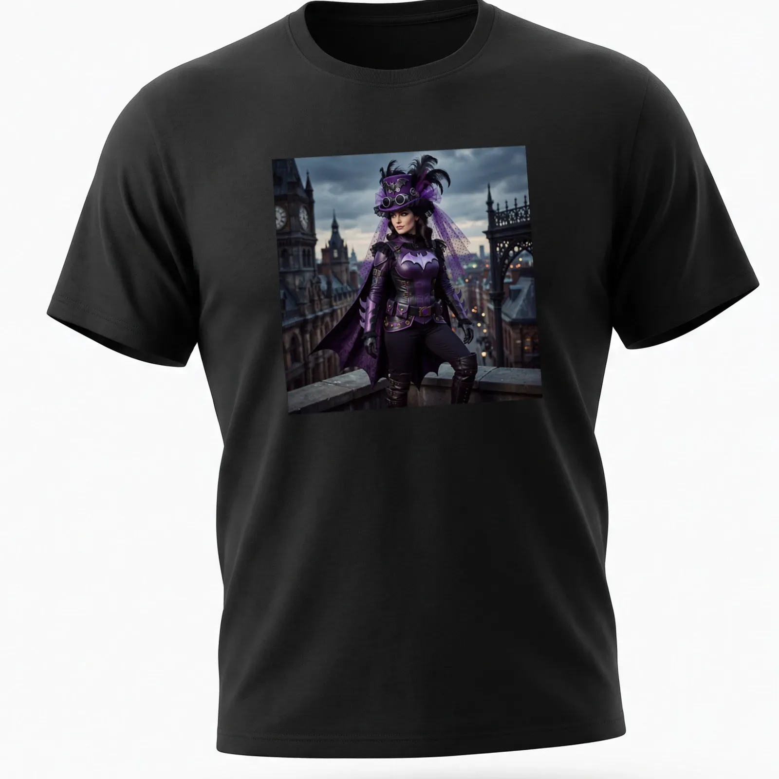 Illustration of a bat person in a steampunk costume featuring purple, black, silver, and pink colors — printed on a unisex t-shirt