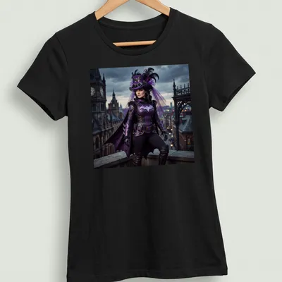Illustration of a bat person in a steampunk costume featuring purple, black, silver, and pink colors — printed on a women's shirt