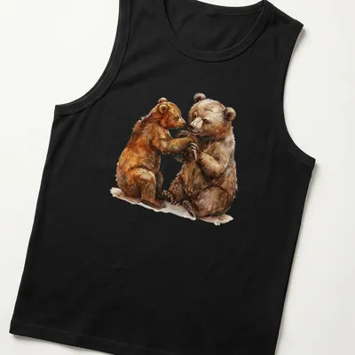 Watercolor graphic of a bear cub and adult bear in soft colors — printed on a tank top
