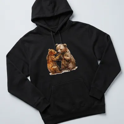 Watercolor graphic of a bear cub and adult bear in soft colors — printed on a unisex hoodie