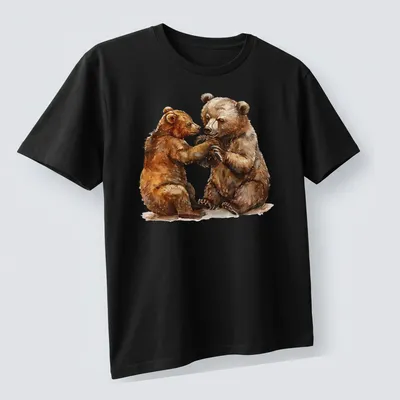 Watercolor graphic of a bear cub and adult bear in soft colors — printed on a unisex t-shirt (angled view)