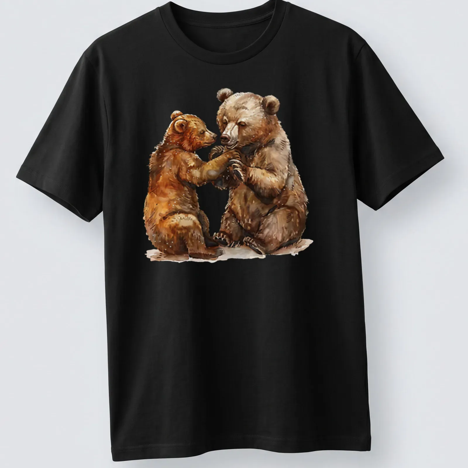 Watercolor graphic of a bear cub and adult bear in soft colors — printed on a unisex t-shirt