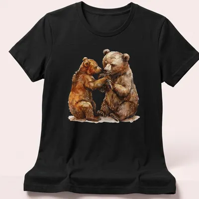 Watercolor graphic of a bear cub and adult bear in soft colors — printed on a women's shirt