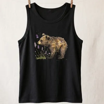 Watercolor illustration of a bear cub sniffing lavender flowers in soft colors — printed on a tank top