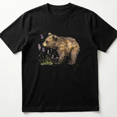 Watercolor illustration of a bear cub sniffing lavender flowers in soft colors