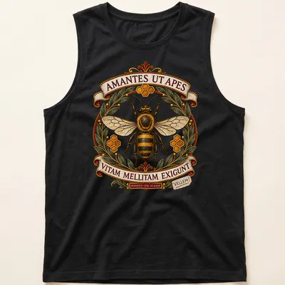 Vintage ornate t-shirt featuring bees and intricate text in gold, black, and green — printed on a tank top