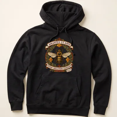 Vintage ornate t-shirt featuring bees and intricate text in gold, black, and green — printed on a unisex hoodie