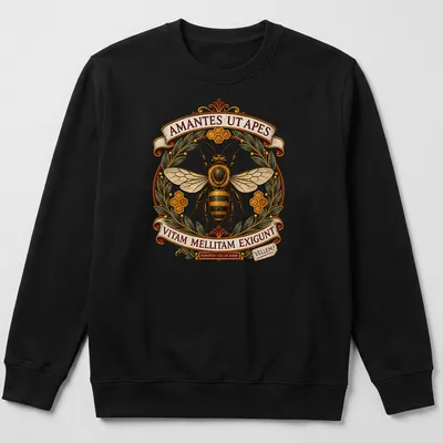 Vintage ornate t-shirt featuring bees and intricate text in gold, black, and green — printed on a unisex sweatshirt