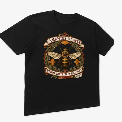 Vintage ornate t-shirt featuring bees and intricate text in gold, black, and green — printed on a unisex t-shirt (angled view)