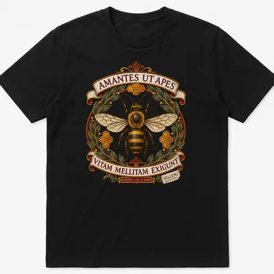 Vintage ornate t-shirt featuring bees and intricate text in gold, black, and green