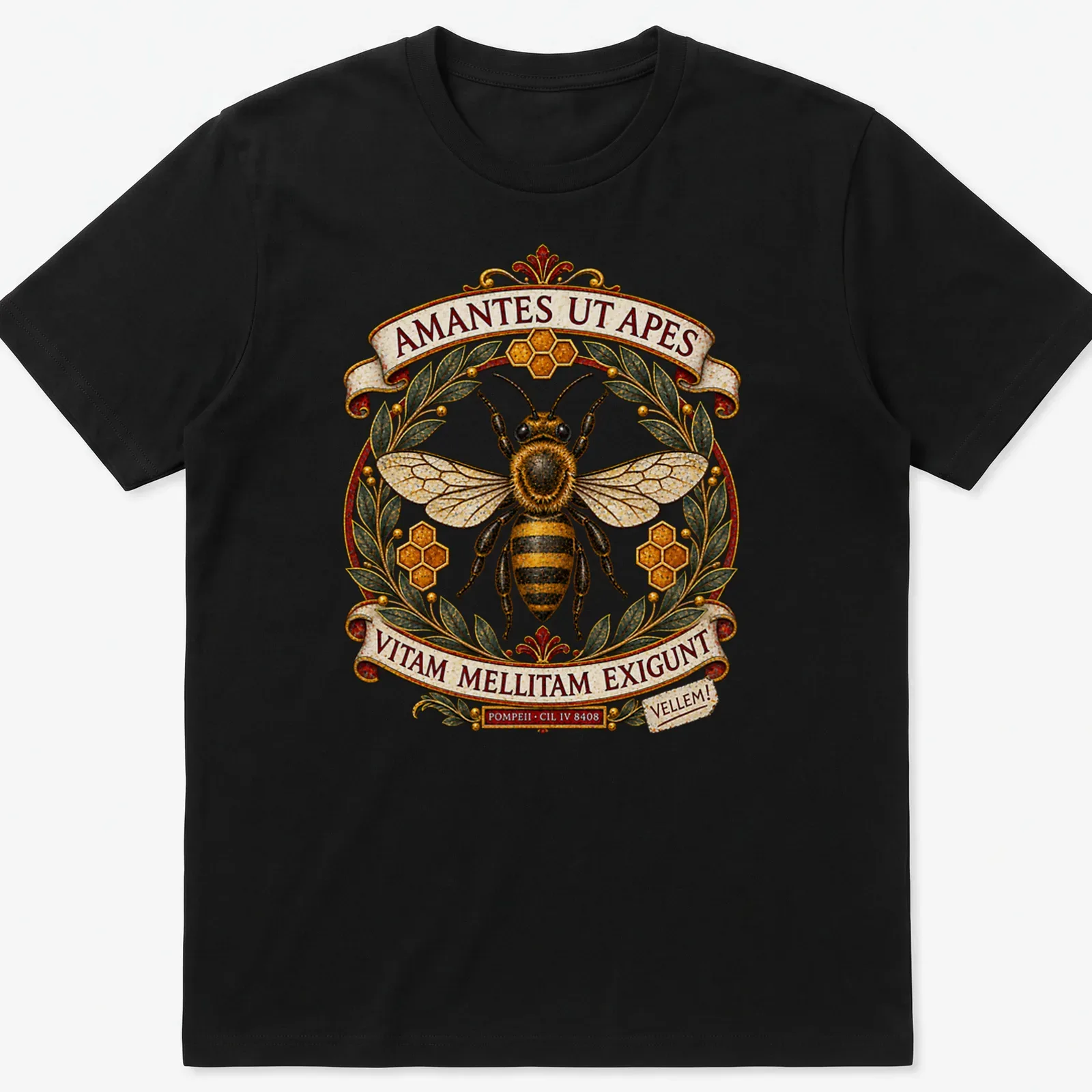 Vintage ornate t-shirt featuring bees and intricate text in gold, black, and green — printed on a unisex t-shirt