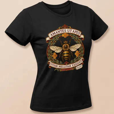 Vintage ornate t-shirt featuring bees and intricate text in gold, black, and green — printed on a women's shirt