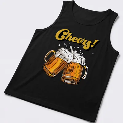 Colorful cartoon design of beer mugs with Cheers! text above them. — printed on a tank top