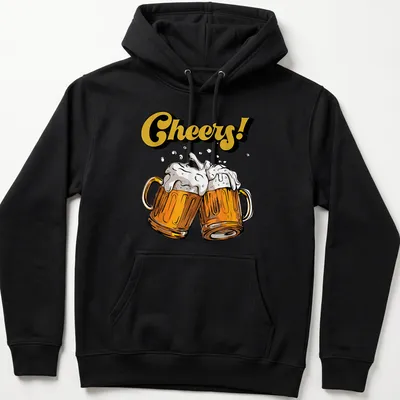 Colorful cartoon design of beer mugs with Cheers! text above them. — printed on a unisex hoodie