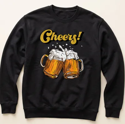 Colorful cartoon design of beer mugs with Cheers! text above them. — printed on a unisex sweatshirt