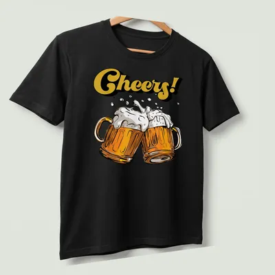 Colorful cartoon design of beer mugs with Cheers! text above them. — printed on a unisex t-shirt (angled view)