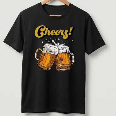Colorful cartoon design of beer mugs with Cheers! text above them.