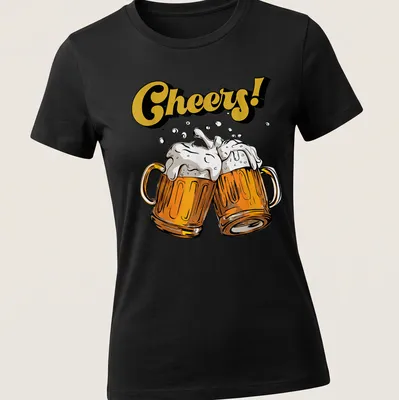 Colorful cartoon design of beer mugs with Cheers! text above them. — printed on a women's shirt