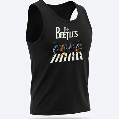Cartoonish depiction of colorful beetles with the text 'The Beetles' above. — printed on a tank top