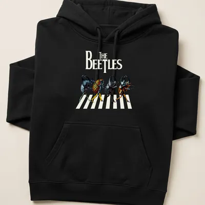 Cartoonish depiction of colorful beetles with the text 'The Beetles' above. — printed on a unisex hoodie
