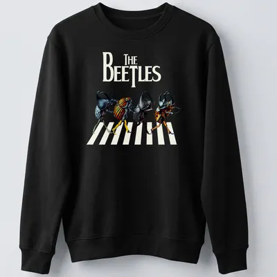 Cartoonish depiction of colorful beetles with the text 'The Beetles' above. — printed on a unisex sweatshirt