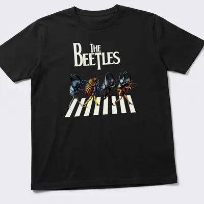 Cartoonish depiction of colorful beetles with the text 'The Beetles' above.