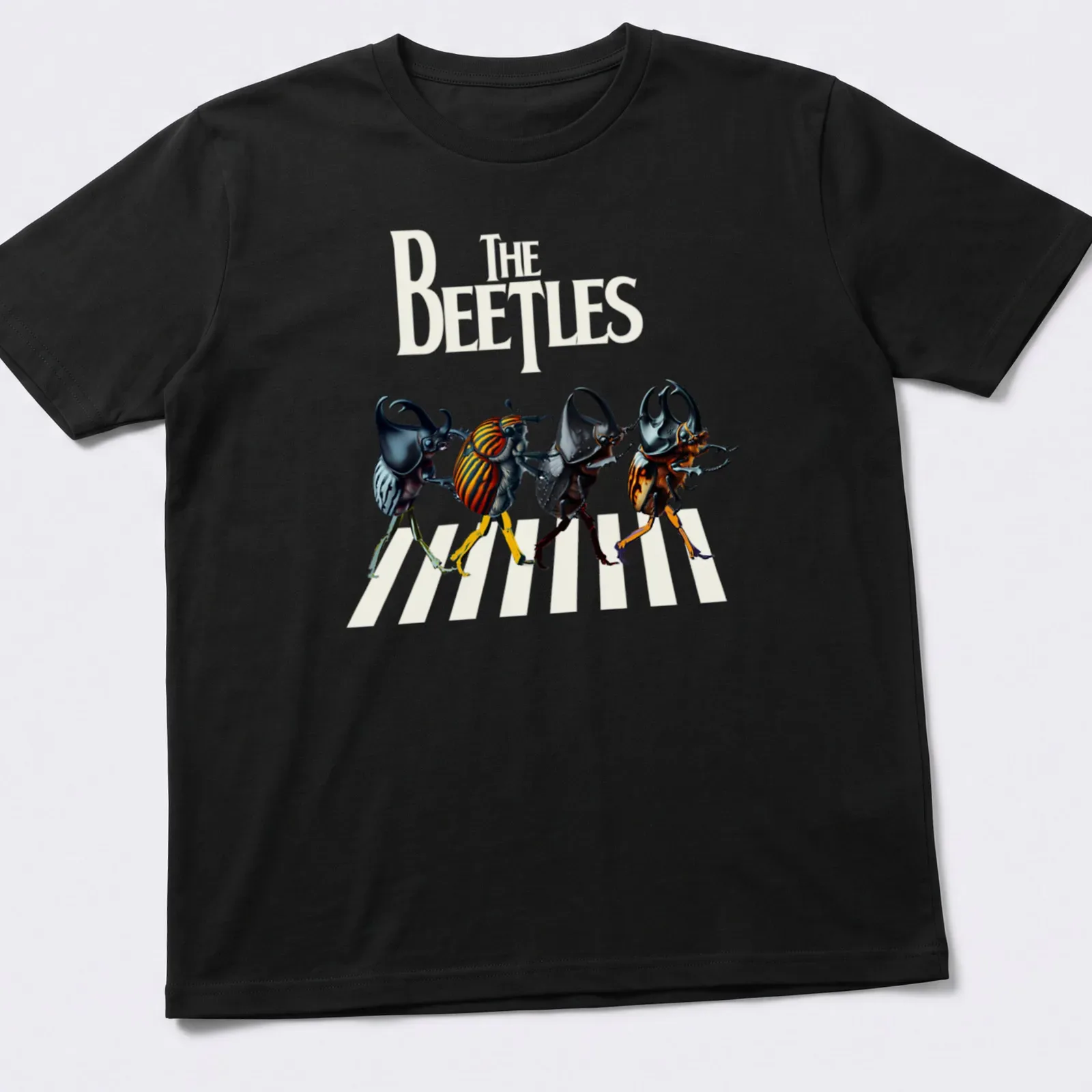 Cartoonish depiction of colorful beetles with the text 'The Beetles' above. — printed on a unisex t-shirt