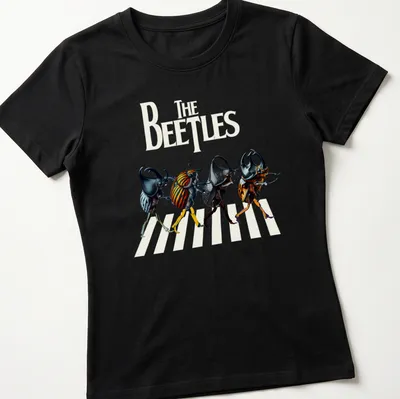 Cartoonish depiction of colorful beetles with the text 'The Beetles' above. — printed on a women's shirt