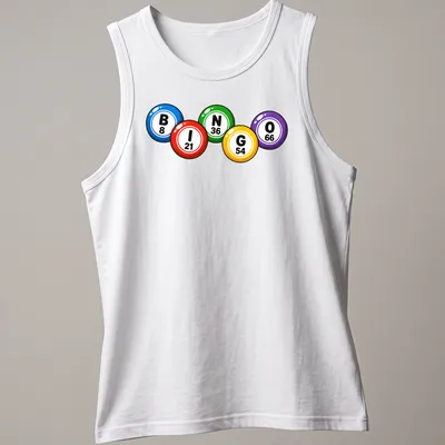 Colorful cartoon bingo balls design featuring numbers 8, 21, 36, 54, 66 — printed on a tank top
