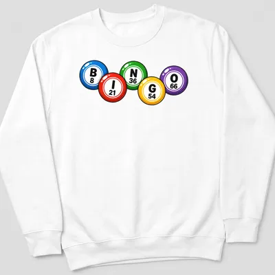 Colorful cartoon bingo balls design featuring numbers 8, 21, 36, 54, 66 — printed on a unisex sweatshirt