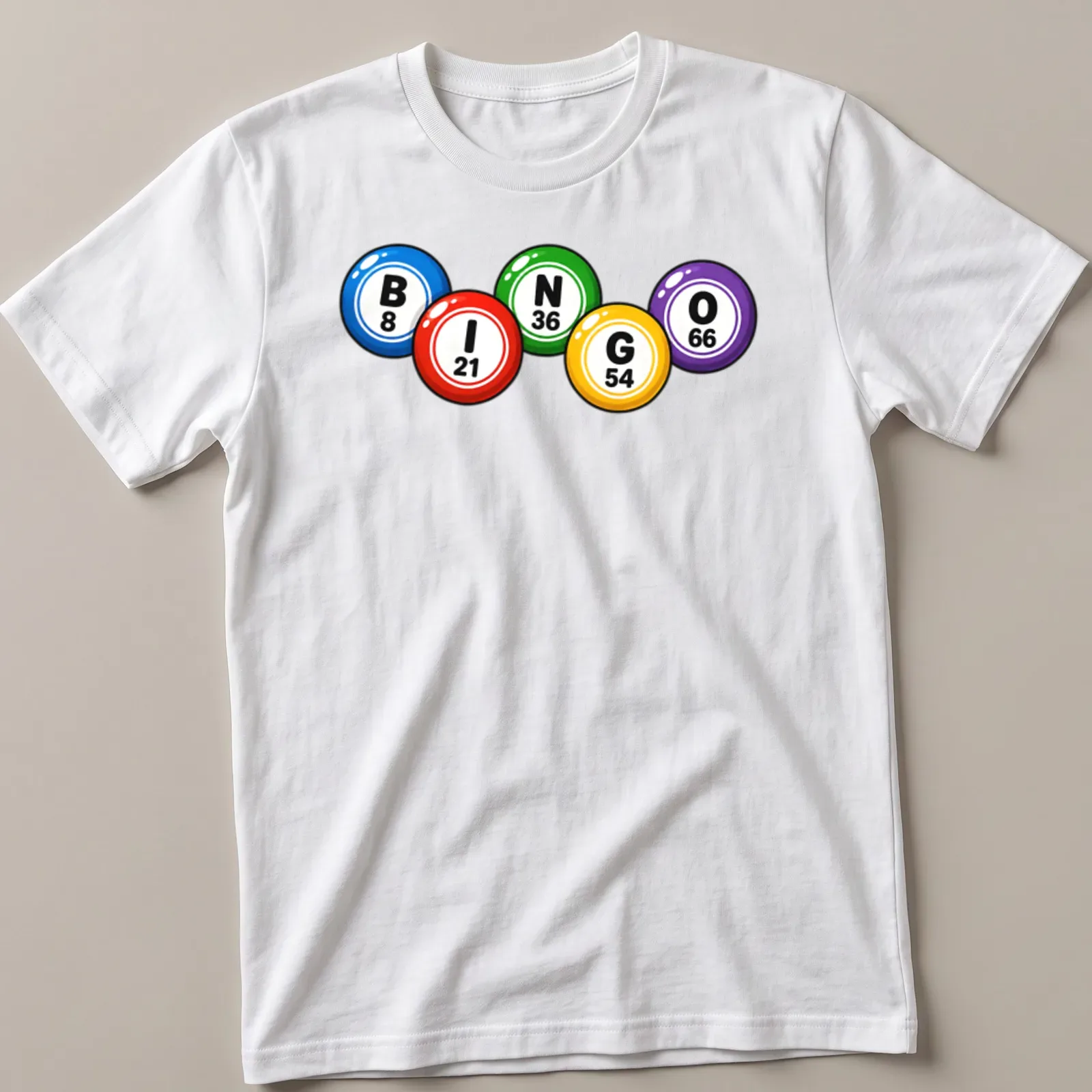 Colorful cartoon bingo balls design featuring numbers 8, 21, 36, 54, 66 — printed on a unisex t-shirt