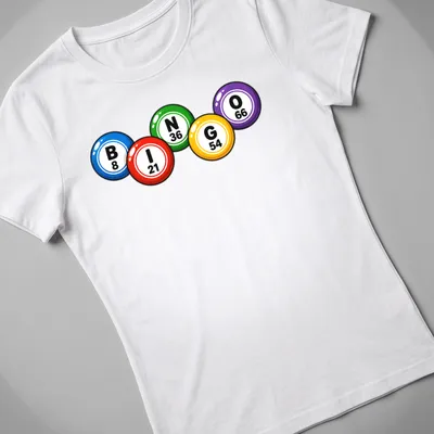 Colorful cartoon bingo balls design featuring numbers 8, 21, 36, 54, 66 — printed on a women's shirt