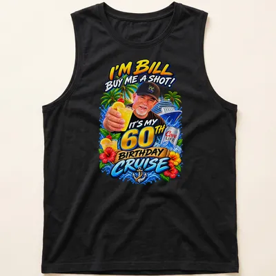 Vibrant tropical print with text celebrating Bill's 60th birthday cruise — printed on a tank top