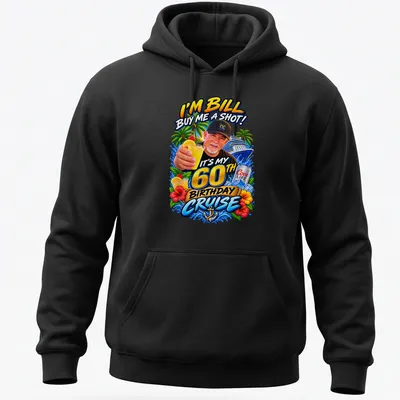 Vibrant tropical print with text celebrating Bill's 60th birthday cruise — printed on a unisex hoodie