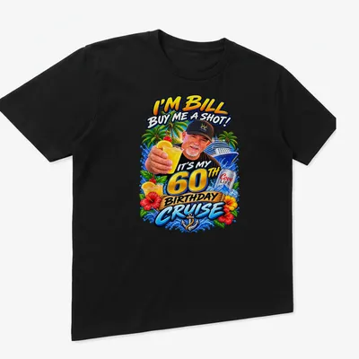 Vibrant tropical print with text celebrating Bill's 60th birthday cruise — printed on a unisex t-shirt (angled view)