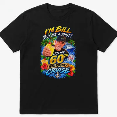 Vibrant tropical print with text celebrating Bill's 60th birthday cruise